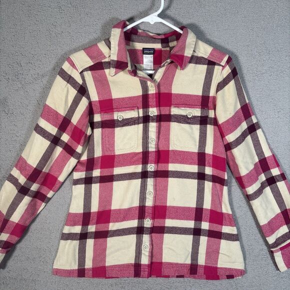 Patagonia Cotton Fjord Flannel Shirt Women’s Size 2 Pink Purple Cream Plaid - Picture 2 of 14